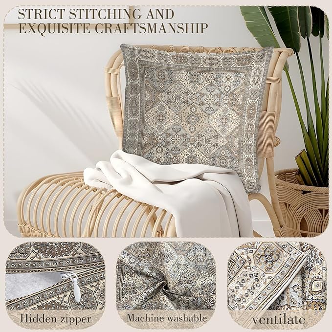 Boho Floral Throw Pillow Covers 20x20 inch Set of 2,Grey Boho Rug Geometric Floral Pattern Decor Double Sided Pattern Cushion Cover Soft Pillow Case Living Sofa Room Bed Square Pillow Cover