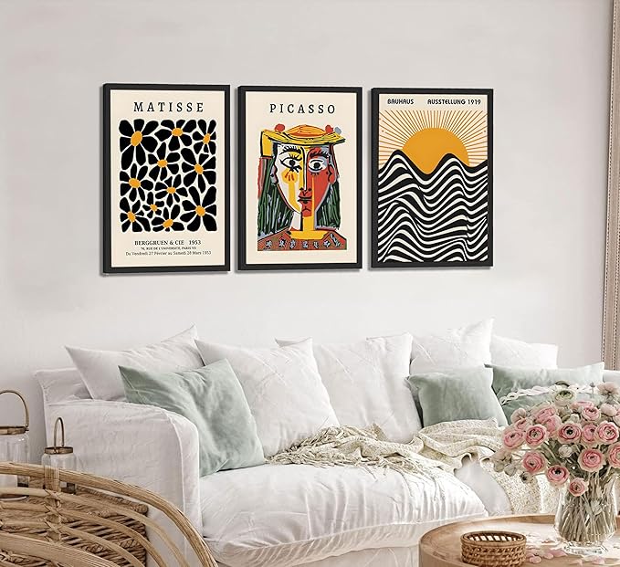 3 Pcs Gallery Wall Art Picasso Matisse Bauhaus Set Canvas Prints Abstract Paintings Posters Orange Black Modern Minimalist Wall Decor Pictures Suitable for Bedroom Living Room Decor (Unframed,