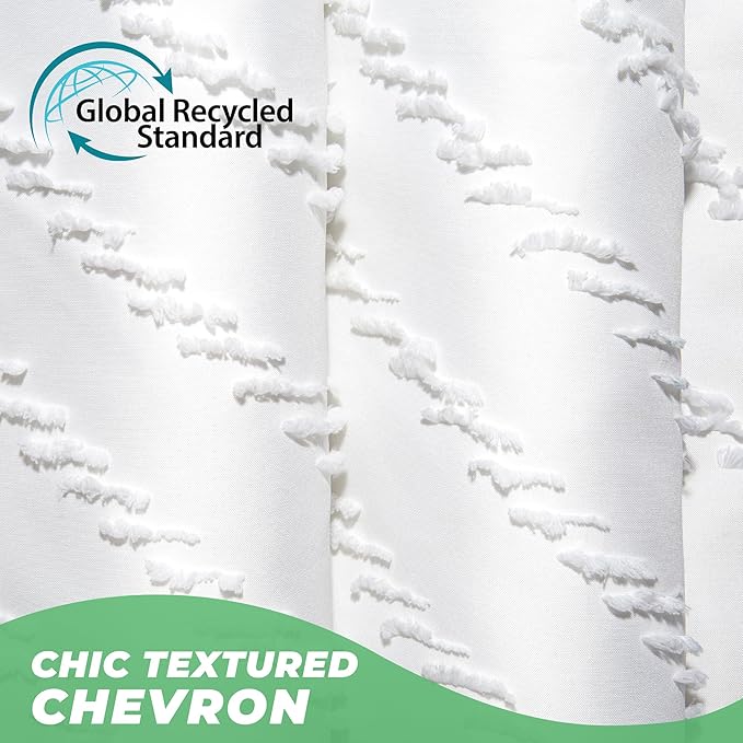 White Boho Fabric Shower Curtain 72 x 72 Inches, Modern Shabby Chic Textured Tufted Chevron Striped Minimalist Cloth Bathroom Shower Curtain