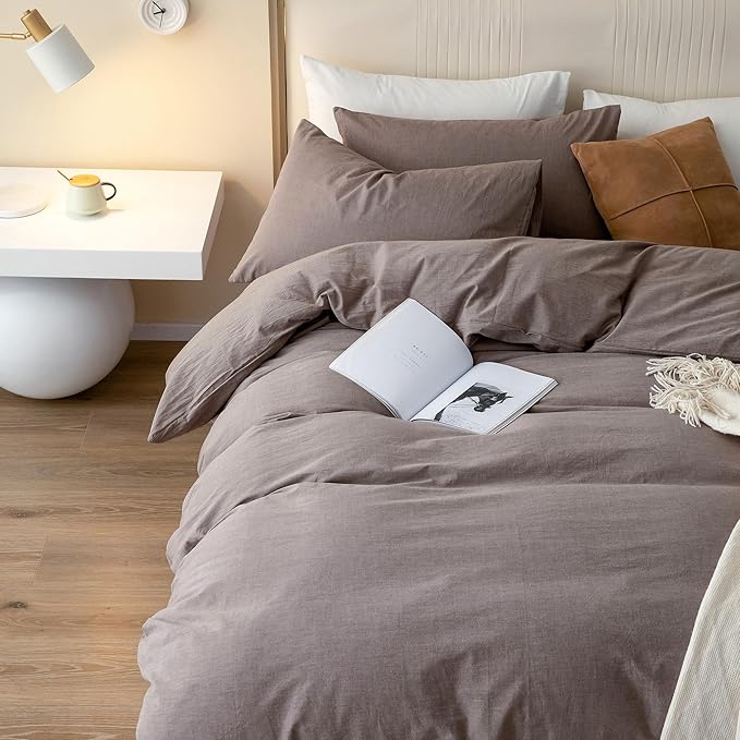 JIYUAN 100% Washed Cotton Duvet Cover Set 3 PCS Oversized King Plus, 1 Duvet Cover 128"x120"(Comforter Not Included) and 2 Pillowcases,Linen Feel Bedding Set Comfy and Breathable,Heathered Mauve Brown