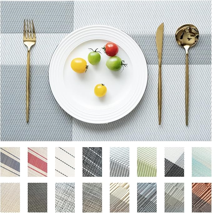 Placemats Set of 4 Vinyl/Plastic Woven Place Mats for Kitchen Table Indoor/Outdoor Washable Placemat Wipeable Dining Table Mats (Silver Cube,4)