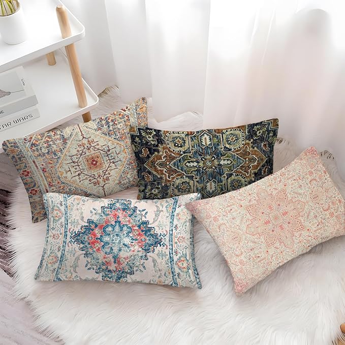 Boho Throw Pillow Covers 12x20 inch Set of 2,Boho Vintage Carpet Pattern Antique Ethnic Decor Double Sided Pattern Cushion Cover Soft Pillow Case Living Sofa Room Bed Square Pillow Cover