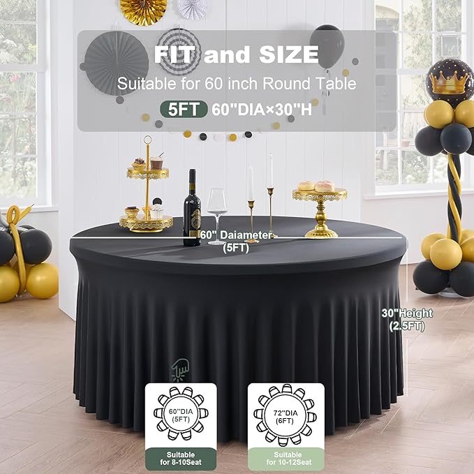 Outpain 6 Pack Black Round Spandex Tablecloth for 60 Inch/5FT Tables - Stretchy Table Cloth with Skirt, Wrinkle-Free Fitted Cloth for Wedding Vendor, Banquet & Graduation Decor (120" Round)