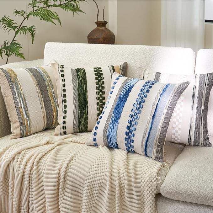 Aeckself Boho Throw Pillow Covers 18x18 Inch Set of 2, Farmhouse Decorative Striped Square Pillow Covers Chenille Tufted Pillow Cases Accent Neutral Pillowcase for Living Room Couch Bed, Dark Green