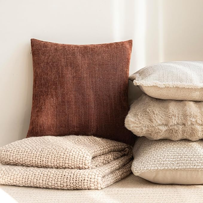 Foindtower Pack of 2 Soft Textured Chenille Throw Decorative Pillow Covers Square Accent Solid Cushion Cover Cozy Neutral Farmhouse Pillow Case for Couch Sofa Bedroom Living Room 20x20 Inch,Red Taupe