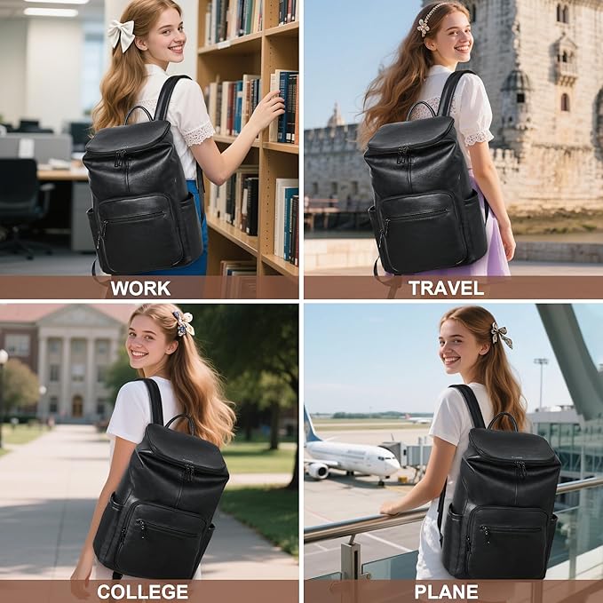 Leather Laptop Backpack for Women, 15.6 Inch Travel Backpack with Laptop Compartment, Casual Daypack Fashion Travel Backpack Purse for Travel College Work, Black