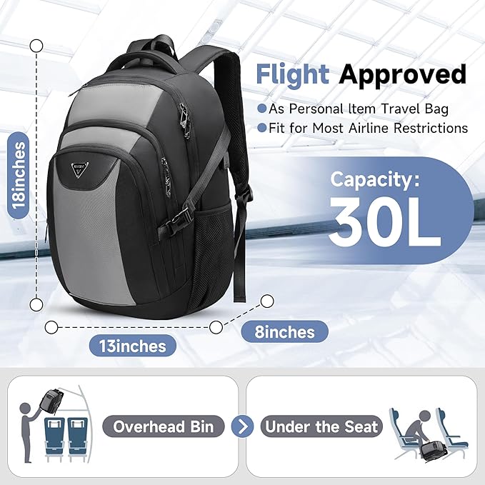 Laptop Travel Backpack with USB Charging Port, Anti-Theft Travel Business Backpack Fits 17 Inch Notebook, 30L Water-Resistant Work Computer Backpack, College School Bookbag for Men Women, Grey/Black