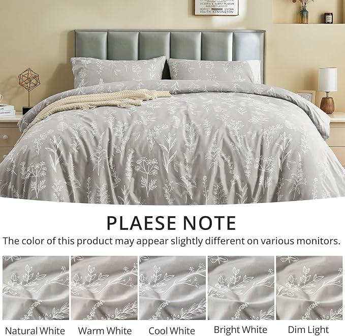 MUXHOMO Duvet Cover Queen Size, Reversible Floral Silver Gray Duvet Cover Set with Zipper Closure, 3 Pieces Botanical Patterns Soft Microfiber Bedding Set with 4 Ties (90"x90", 2 Pillow Cases)
