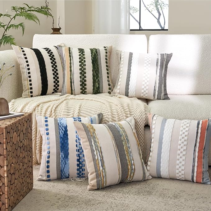 Aeckself Boho Throw Pillow Covers 18x18 Inch Set of 2, Farmhouse Decorative Striped Square Pillow Covers Chenille Tufted Pillow Cases Accent Neutral Pillowcase for Living Room Couch Bed, Sky Blue