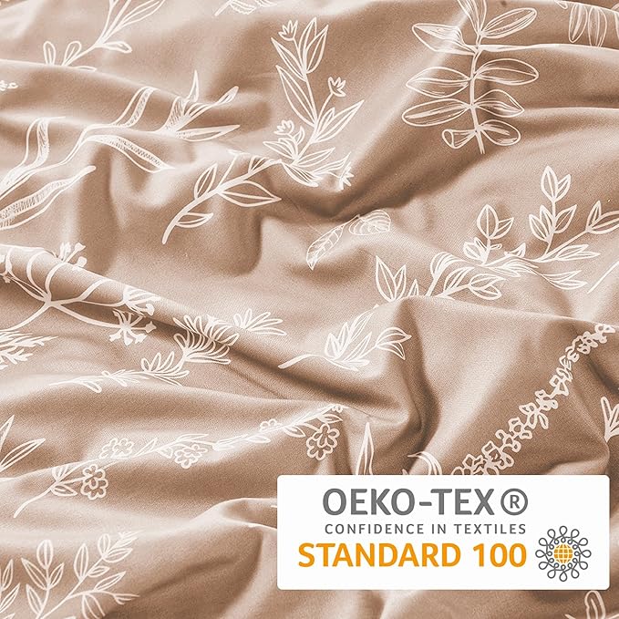MUXHOMO Duvet Cover Queen Size, Reversible Floral Rosy Gold Duvet Cover Set with Zipper Closure, 3 Pieces Botanical Patterns Soft Microfiber Bedding Set with 4 Ties (90"x90", 2 Pillow Cases)