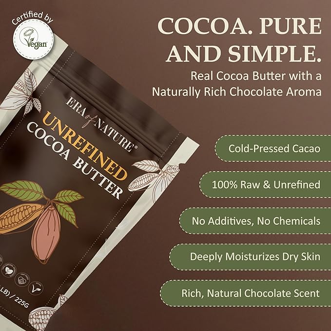 Era of Nature Cocoa Butter Raw – 100% Pure & Unrefined, Cold-Pressed Cacao – For DIY Skincare & Haircare – Deep Hydration for Skin, Hair, Lips – Stretch Mark & Scar Care – Natural Chocolate Scent, 8oz