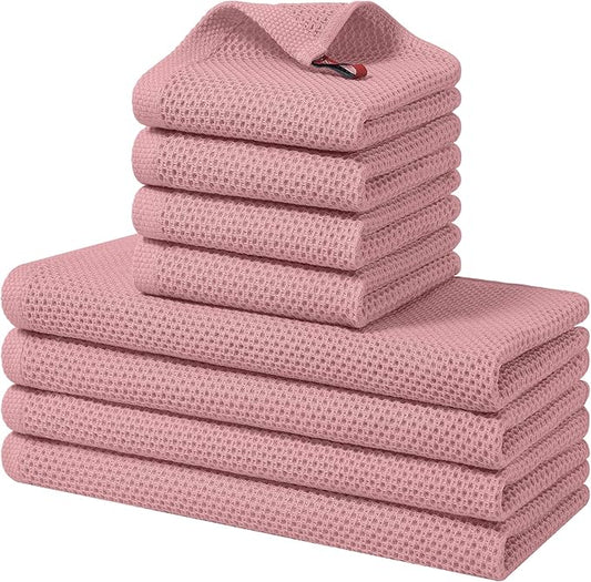 Homaxy 100% Cotton Kitchen Towels and Dishcloths Set, 12 x 12 Inches and 13 x 28 Inches, Set of 8 Bulk Kitchen Towels Set, Ultra Soft Absorbent Dish Cloths for Washing Dishes, Dried Rose