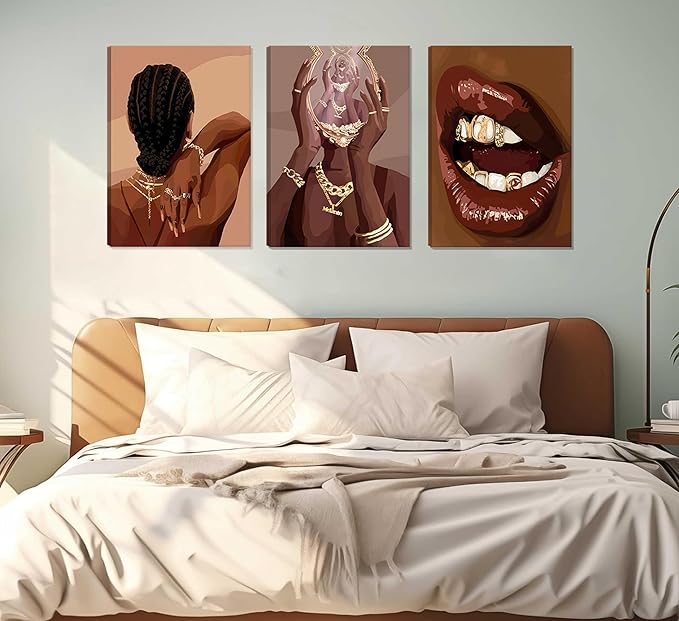 ANVOTIG Framed Black Girl Canvas Wall Art Set of 3 Black Woman African American Women Wall Decor Pictures Boho Fashion Posters Home BedRoom Living Room 12x16 Inch