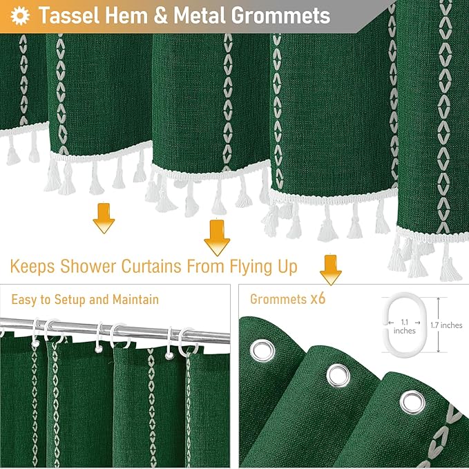 BTTN Boho Shower Stall Curtain - 36x72 Narrow Linen Thick Striped Tassel Fabric Shower Curtain Set with 6 Hooks, Modern Farmhouse Cottage Decorative Cloth Shower Curtains for Bathroom - Emerald Green