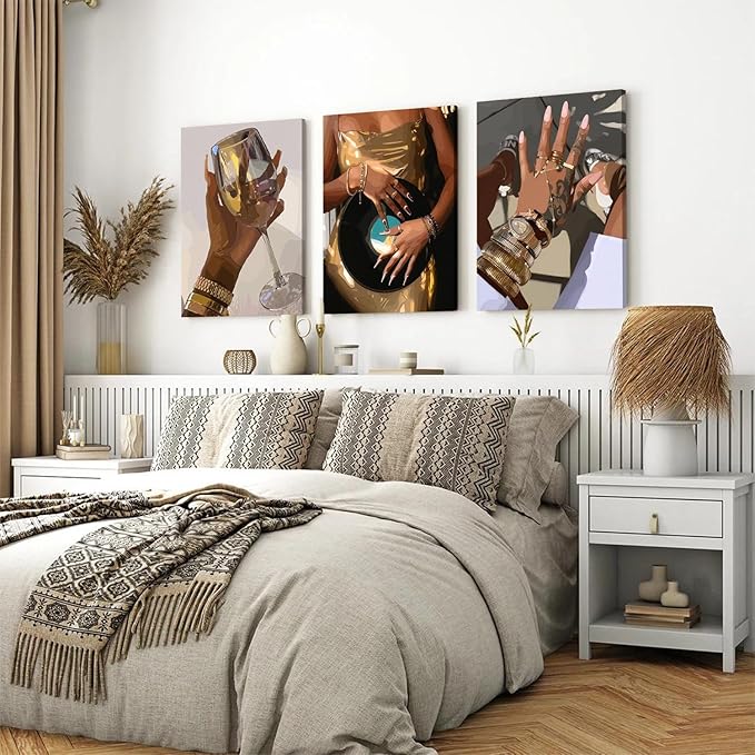 Black Girl Wall Art Set of 3, Gold African American Woman Wall Decor Painting Black People Canvas Poster Prints Pictures Aesthetics for Living Room Bedroom Dorm Framed 16x24 inch