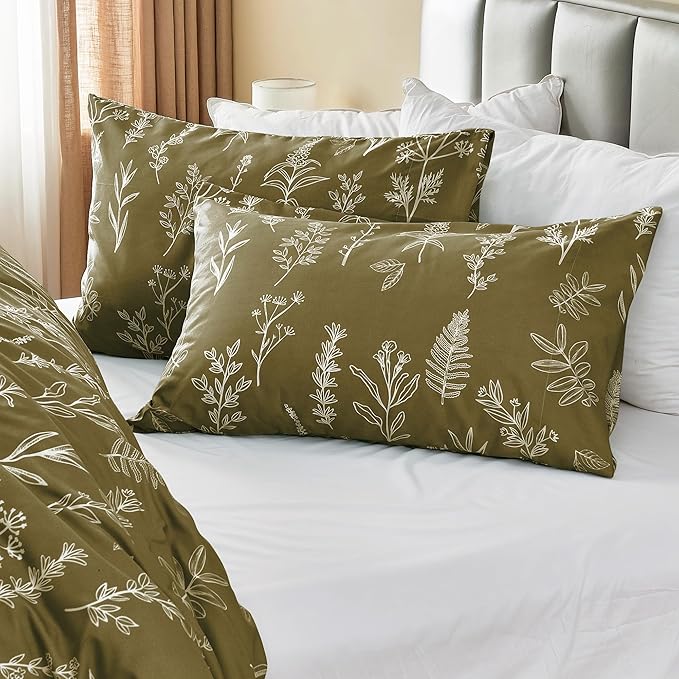MUXHOMO Duvet Cover Queen Size, Reversible Floral Olive Green Duvet Cover Set with Zipper Closure, 3 Pieces Botanical Patterns Soft Microfiber Bedding Set with 4 Ties (90"x90", 2 Pillow Cases)