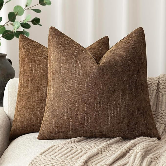 Foindtower Set of 2 Soft Textured Chenille Throw Decorative Pillow Covers Square Accent Solid Cushion Cover Cozy Neutral Farmhouse Pillow Case for Couch Sofa Bedroom Living Room 18x18 Inch,Dark Bronze