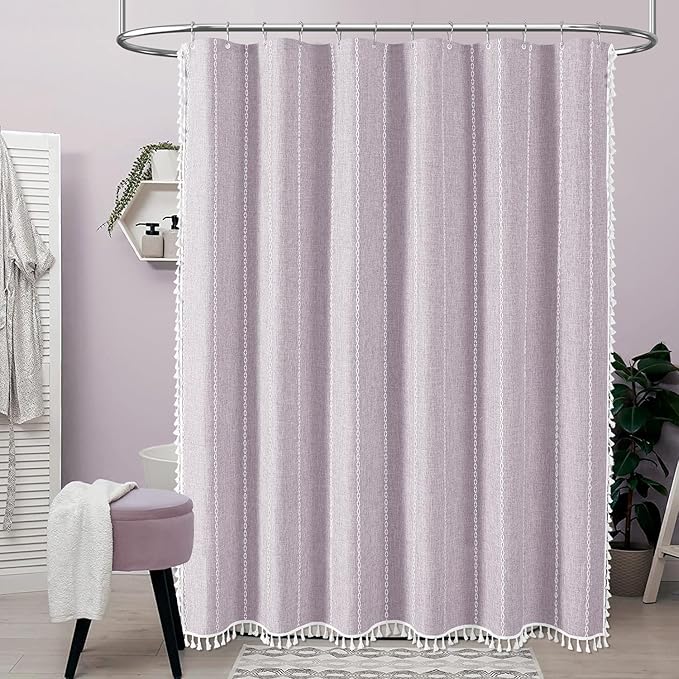 BTTN Extra Long Shower Curtain, 72x96 Long Striped Boho Chic Linen Fabric Heavy Duty Shower Curtain with Hooks, Tall Bohemian Farmhouse Luxury Tassel Thick Cloth Shower Curtain for Bathroom, Lavender