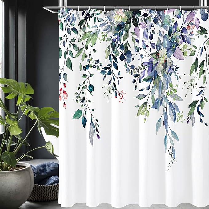 Gibelle Extra Long Shower Curtain 72 x 84, Green Eucalyptus Leaves Shower Curtain, Watercolor Floral Plant Bathroom Curtains Shower Set with Hooks