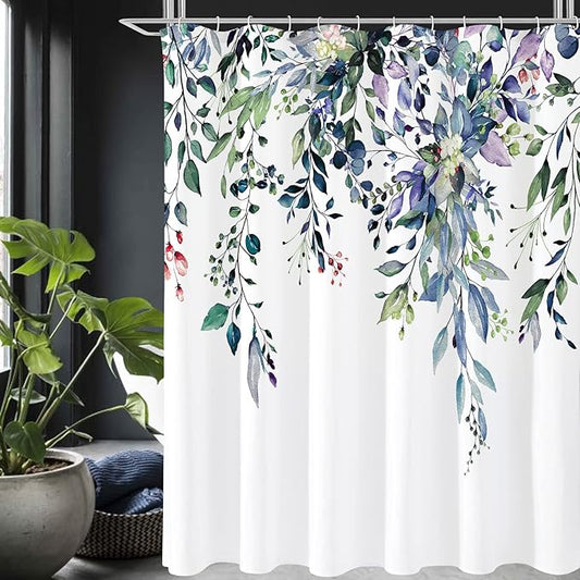 Gibelle Extra Long Shower Curtain 72 x 84, Green Eucalyptus Leaves Shower Curtain, Watercolor Floral Plant Bathroom Curtains Shower Set with Hooks
