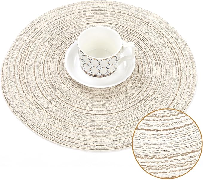 SHACOS Round Braided Placemats Set of 4 Washable Table Placemats Cotton Polyester Place Mats 15 inch Circle Table Mats for Holiday Party (Ivory, 4)