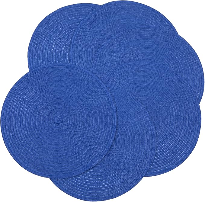 SHACOS Round Placemats Set of 6 Washable 15 inch Round Table Mats Cotton Polyester Woven Braided Place Mats for Dining Table (Blue, 6)