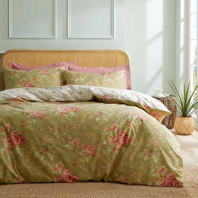 mixinni Duvet Cover Queen Size, Long Staple Cotton Reversible Green Floral Duvet Cover Set with Zipper Ties, 3 Pieces Botanical Pink Flowers and Green Branches Patterns Bedding Set