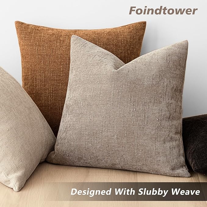 Foindtower Set of 2 Textured Chenille Throw Decorative Pillow Covers Square Accent Solid Cushion Cover Neutral Farmhouse Lumbar Pillow Case for Couch Sofa Bedroom Living Room 12x24 Inch,Light Taupe