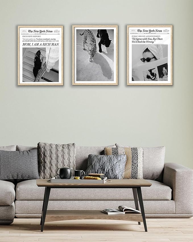 EcoHest Small Cheetah and Jaguar Walking Framed Wall Art, 8x10 in OAK Wood Vintage Black and White Funny Bathroom Canvas Art, Fashion 1950s Poster Decor, Set of 1 for Bedroom Living Room