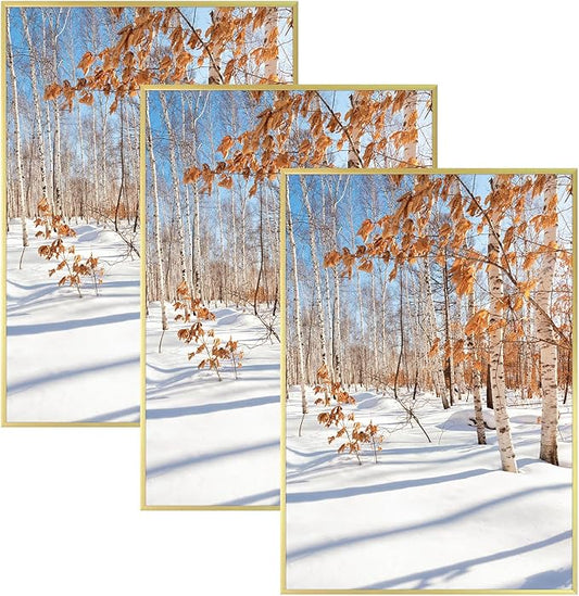 Golden State Art, 13x19 Aluminum Picture Frame, Gold Metal Thin Poster Frames for 13 x 19 inch Photo, Acrylic Front, Wall Hook for Horizontal or Vertical Display, 3 Pack