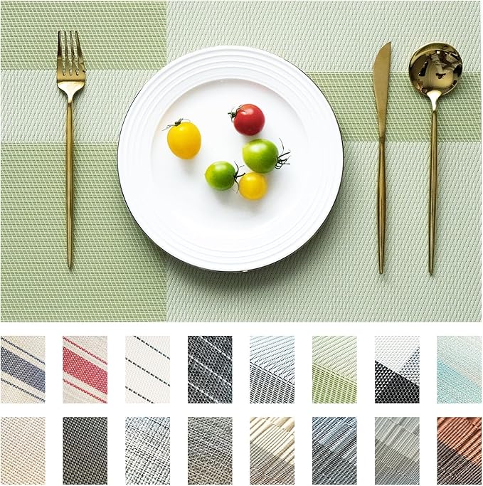 Placemats Set of 6 Vinyl/Plastic Woven Place Mats for Kitchen Table Indoor/Outdoor Washable Placemat Wipeable Dining Table Mats (Green Cube,6)