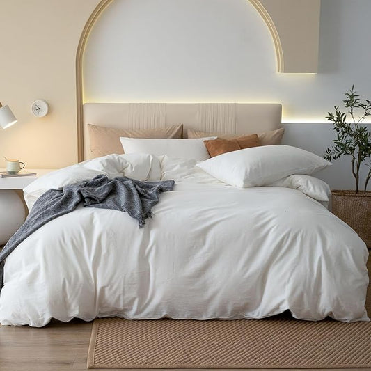 JIYUAN 100% Washed Cotton Duvet Cover Set 3 Pieces Full, 1 Duvet Cover 80x90 Inches(Comforter Not Included) and 2 Pillowcases,Linen Feel Bedding Set Comfy and Breathable,Off White