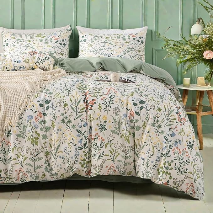 mixinni Flower Duvet Cover Twin XL Size, Sage Green Floral Duvet Cover Soft Cotton Cute Wildflower Green Leaves Print Cotton Bedding Duvet Cover Set Zipper&Ties, 1 Duvet Cover and 2 Pillowcases