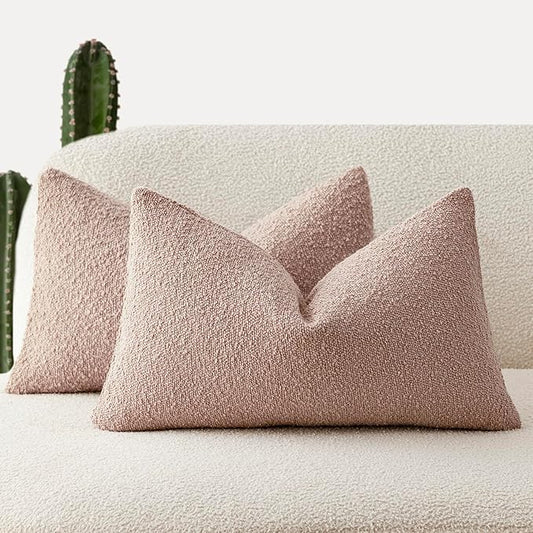 Foindtower Set of 2, Decorative Textured Boucle Throw Pillow Covers Accent Solid Lumbar Pillow Cases Cozy Couch Cushion Case for Chair Sofa Bedroom Living Room Home Decor 12 x 20 Inch Light Pink