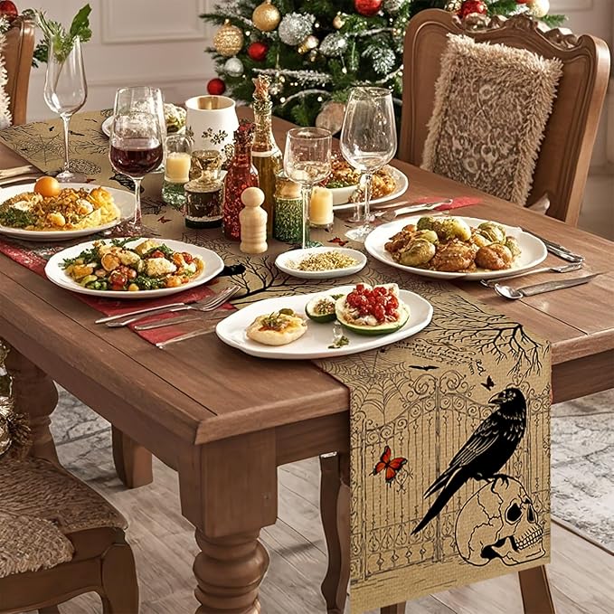 Halloween Haunted Burlap Table Runner Seasonal Spring Fall Kitchen Dining Linen Table Decoration for Indoor Outdoor Home Party Dinner 13x72 Inch