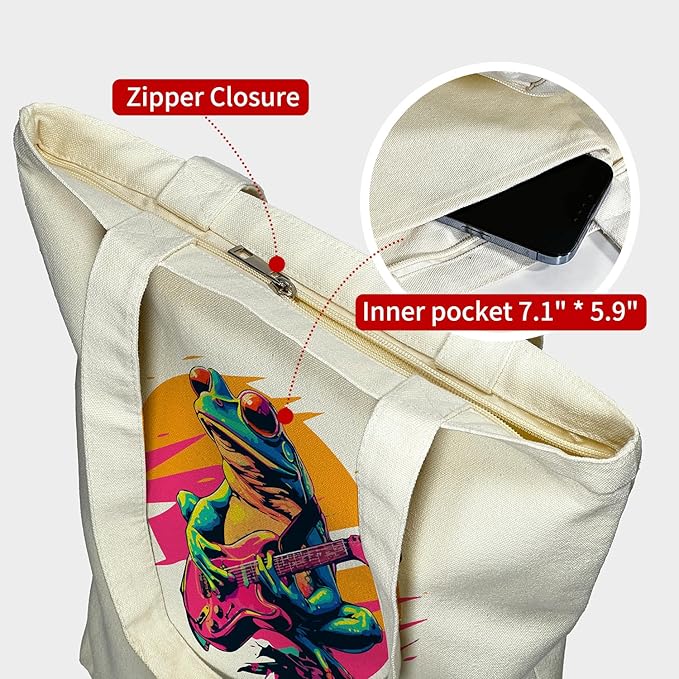 Tote Bag for Women, Reusable Zippered Canvas Bag with Handles Pocket Thick Canvas, for Grocery Shopping Beach Gift