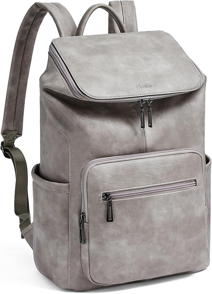 Leather Laptop Backpack for Women, 15.6 Inch Travel Backpack with Laptop Compartment, Casual Daypack Fashion Travel Backpack Purse for Travel College Work, Grey