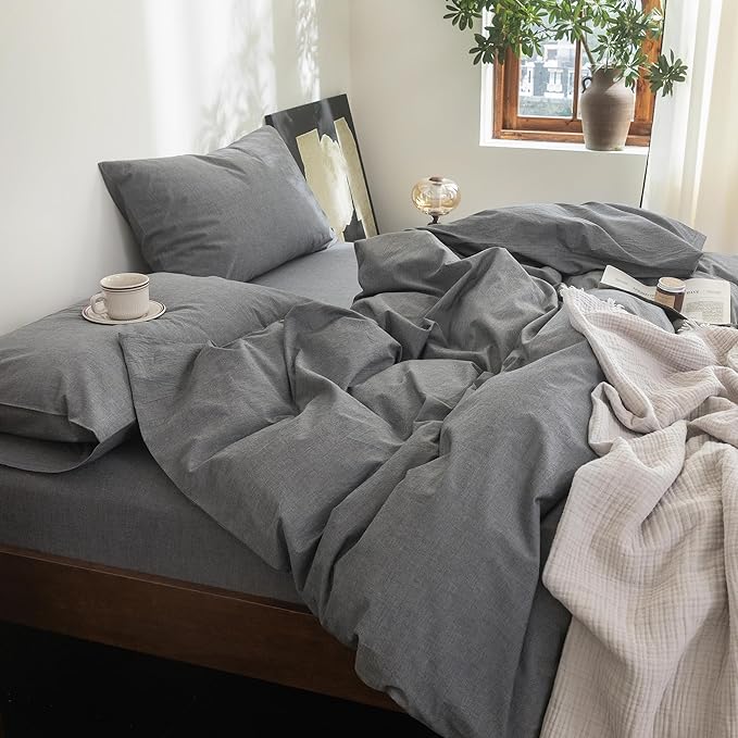 FOSSA Duvet Cover Set 100% Washed Cotton Linen Feel Super Soft Breathable Cozy 3 Pieces Bedding Sets Solid Dark Grey King