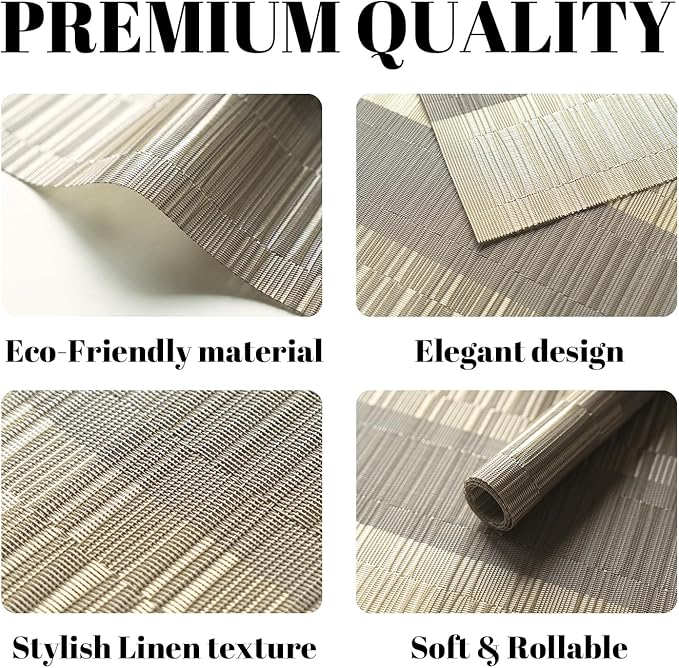 Placemats Set of 8 Vinyl/Plastic Woven Place Mats for Kitchen Table Indoor/Outdoor Washable Placemat Wipeable Dining Table Mats (Ombre Glod,8)