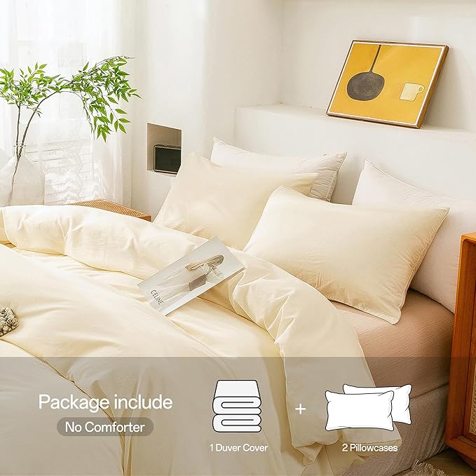 ECOCOTT Duvet Cover Queen Size - 3 Piece 100% Washed Cotton Bedding Set, Soft and Breathable with Zipper Closure & 8 Corner Ties - Comfortable and Stylish for All Seasons (Cream)