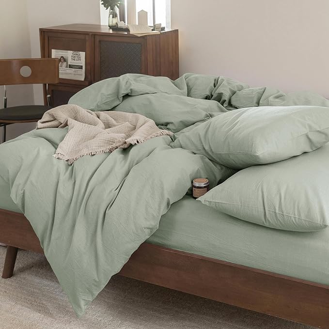 FOSSA Duvet Cover Set 100% Washed Cotton Linen Feel Super Soft Breathable Cozy Simple Style 3 Pieces Bedding Sets Solid Sage Green Super King Plus