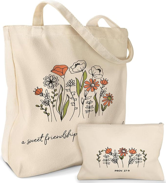 Aesthetic 2 Pack Canvas Tote Bag - with Makeup Zipper Pouch for Women Bag for Shopping, Gym, Travel, Vacation