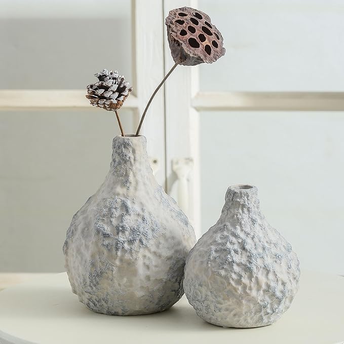 Stone Vases Set of 2, Ceramic Bud Vase Minimalist Vases for Pampas Grass,Modern Vase for Wabi Sabi Home Decor, Shelf Decoration，Fireplace Decor,Coffee Table Decor
