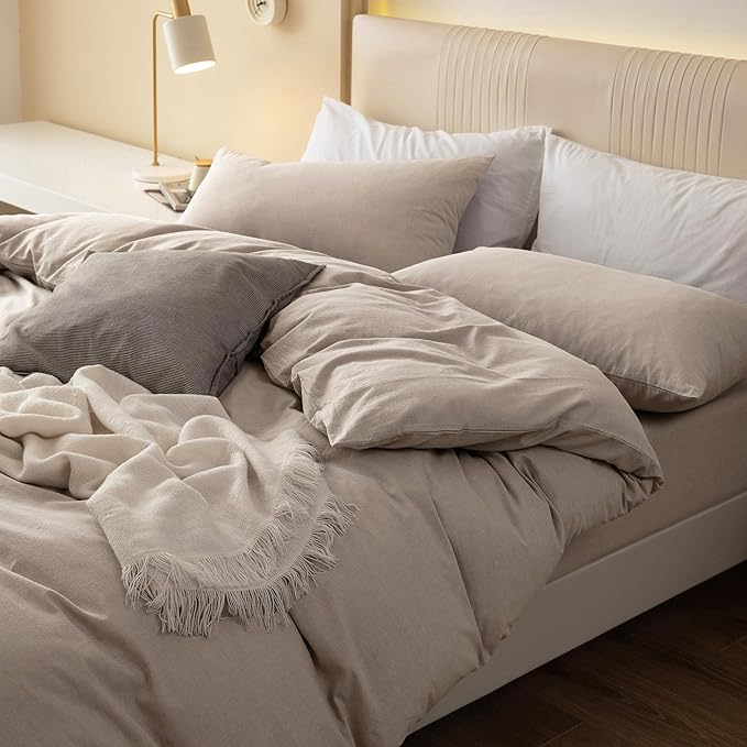 JIYUAN 100% Washed Cotton Duvet Cover Set 3 Pieces King, 1 Duvet Cover 104x90 Inches(Comforter Not Included) and 2 Pillowcases,Linen Feel Bedding Set Comfy and Breathable, Heathered Tannish Linen Grey