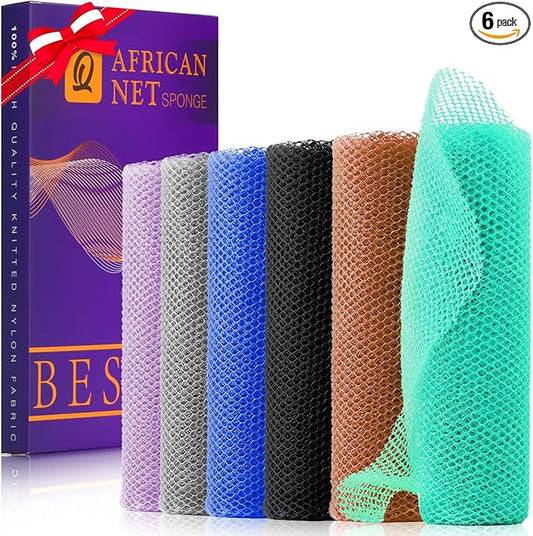 UJFQBH 6 Pieces African Bath Sponge African Net Long Net Bath Sponge Exfoliating Shower Body Scrubber Back Scrubber Skin Smoother,Great for Daily Use (Purple, Gray, Blue, Black, Brown, Green)