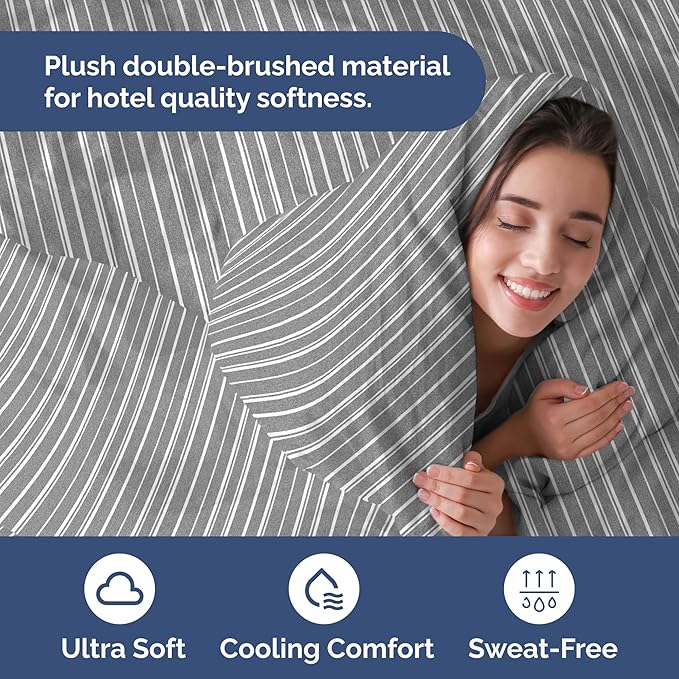 Duvet Cover Full Size Set - Extra Soft Full Size Duvet Cover 80 x 90 with 2 Pillow Shams - Hotel Luxury Easy Care and Fade Free w/Zipper Closures & Ties - Comfy Breathable Bedding Set (Grey Stripes)
