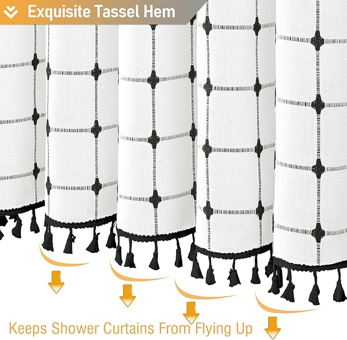 BTTN White and Black Boho Shower Curtain - Linen Rustic Farmhouse Heavy Duty Fabric Shower Curtain Set with Tassel, Water Repellent, Bohemian Vintage Country Cloth Shower Curtains for Bathroom, 72x72