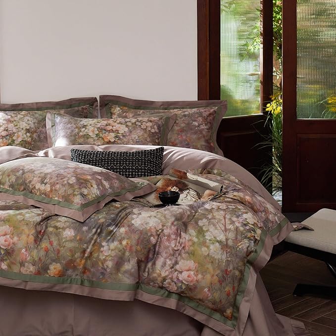 mixinni Vintage Floral Duvet Cover Set - Queen Size, 100% Long Staple Cotton Percale, Reversible Garden Style Bedding Set with Zipper Closure, 3-Piece Luxury Duvet Cover with 2 Pillow Shams (20"x26")