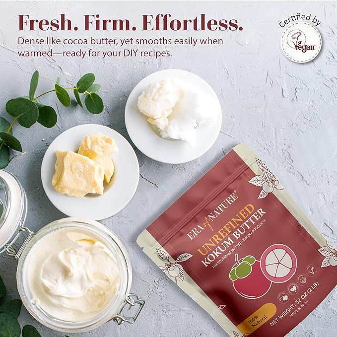 era of nature Kokum Butter Raw - 32 oz (2lb) – Natural Butter for Body Butters, Lotion Bars, Lip Balm, Soap Making – Blends Well with Shea or Cocoa Butter – For Stretch Marks, Scars, Pregnancy Care