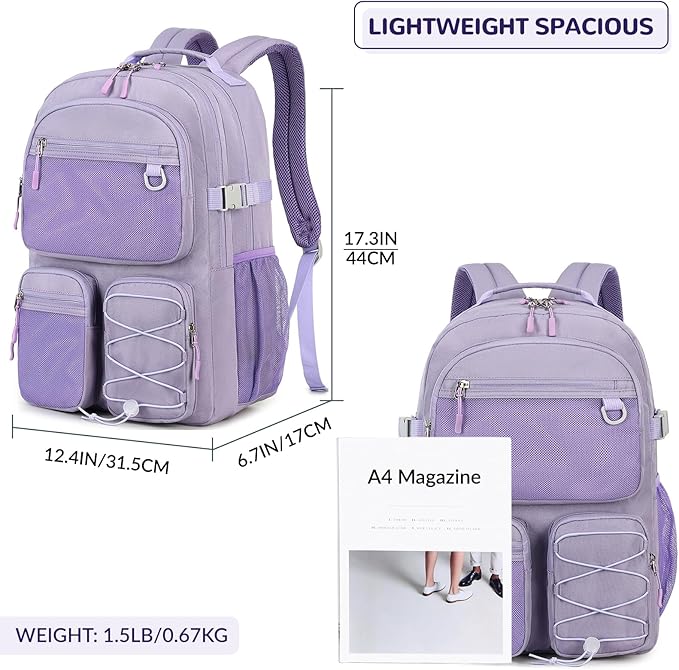 Lohol Water Resistant Backpack with Mulitiple Pockets for Travel Outdoor College, 15.6 inch Laptop Bookbag for Girl and Women (Purple)
